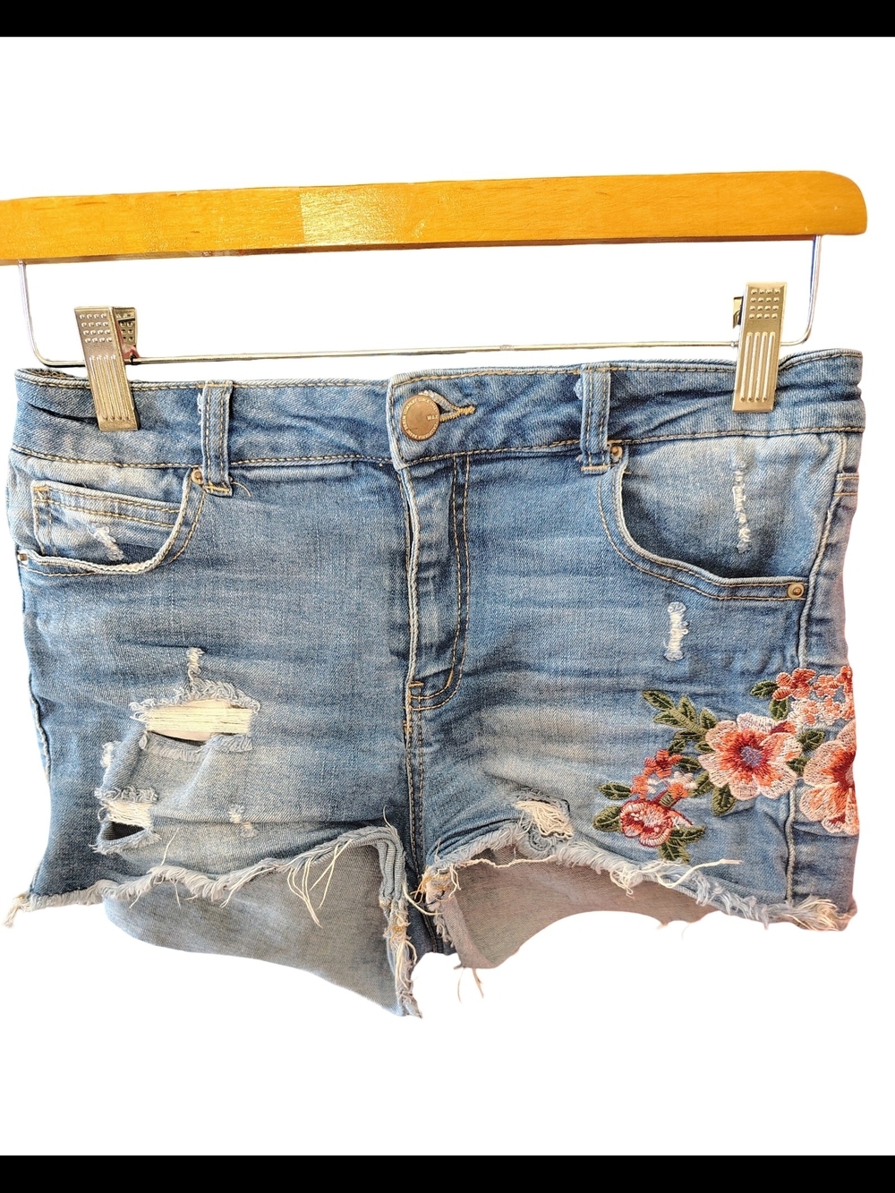 Wax Jean Blue Denim Distressed Shorts with Pink Floral Embroidery